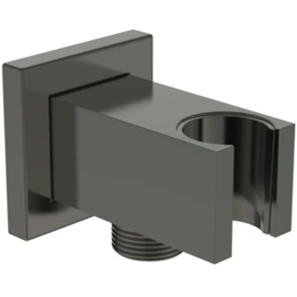 Armaturenelement in Magnetic Grey von Ideal Standard, mit rechteckiger Form und runder Aussparung. Anschlussgewinde deutlich sichtbar.